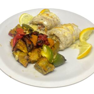 Roll de merluza con verduras asadas light