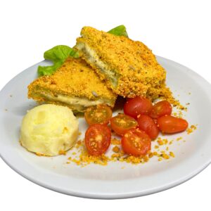 Milanesa de berenejenas rellenas y pure de papas. Light