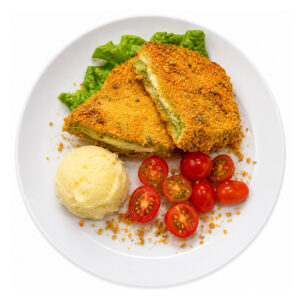 Milanesa de berenejenas rellenas y pure de papas. Fit
