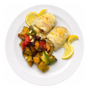Roll de merluza con verduras asadas Fit